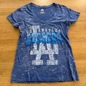 Majestic Los Angeles Dodgers Womens V-Neck Graphic Tee Blue Burnout Medium